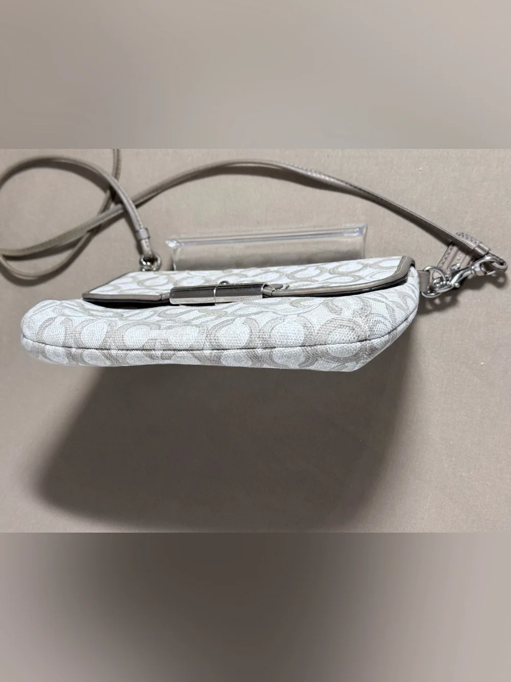Coach White and Taupe Signature Crossbody with Metallic Accent